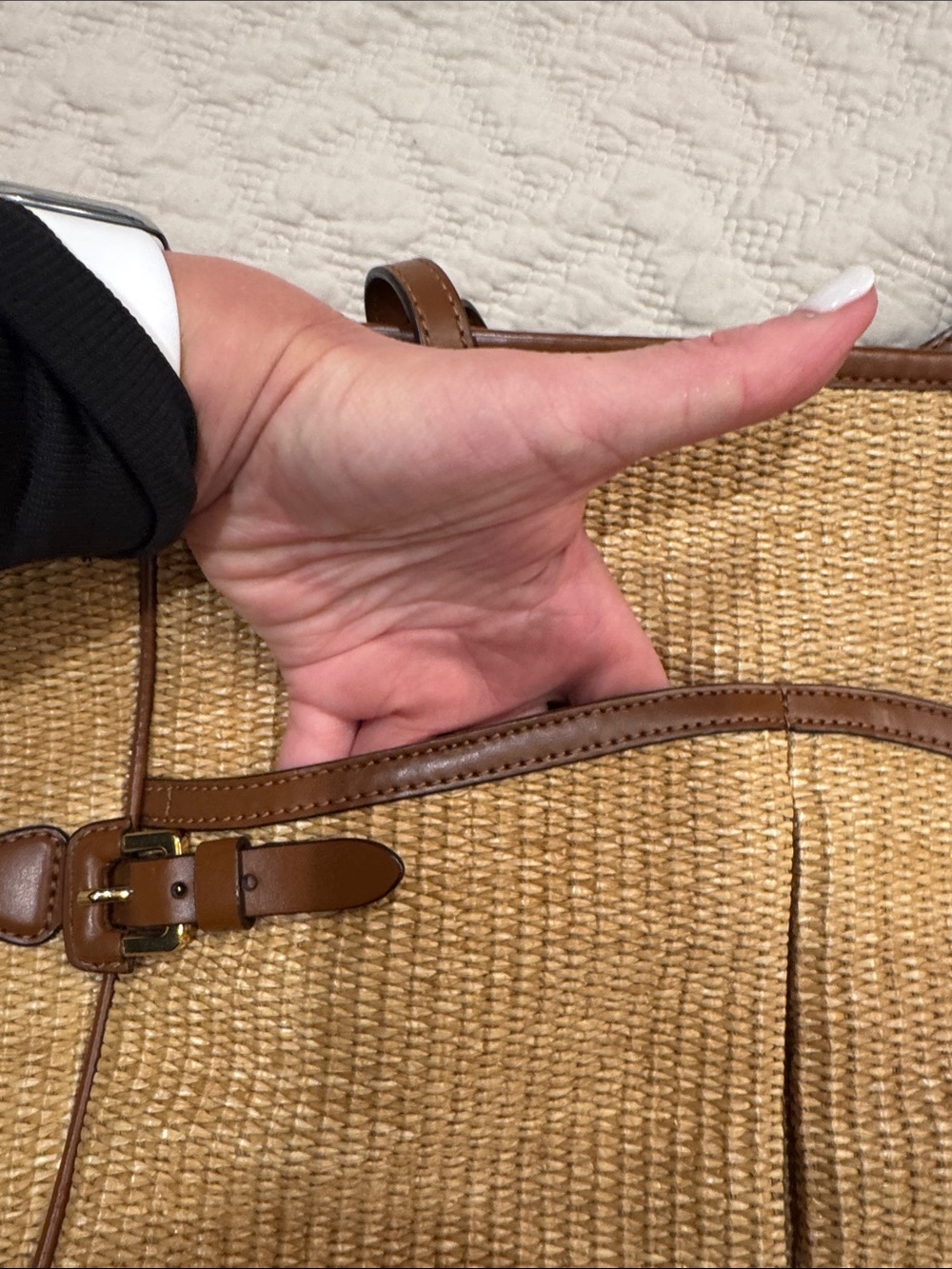 Lauren Ralph Lauren Tan Woven Straw Tote with Brown Leather Trim - Picture 13 of 17